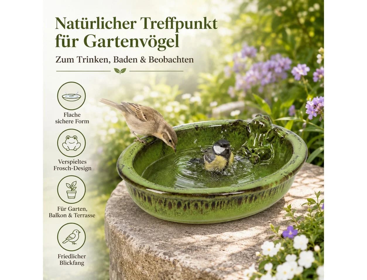 esschert design Vogeltränke Keramik oval mit Frosch grün