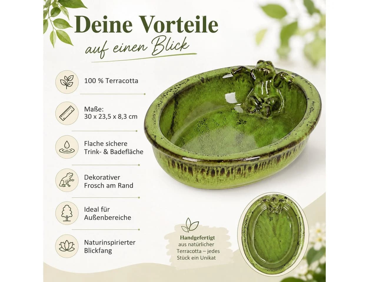 esschert design Vogeltränke Keramik oval mit Frosch grün - Bild 3
