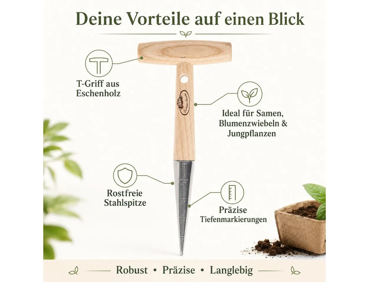 esschert design Pflanzholz mit Tiefenmarkierung Eschenholz - Bild 3