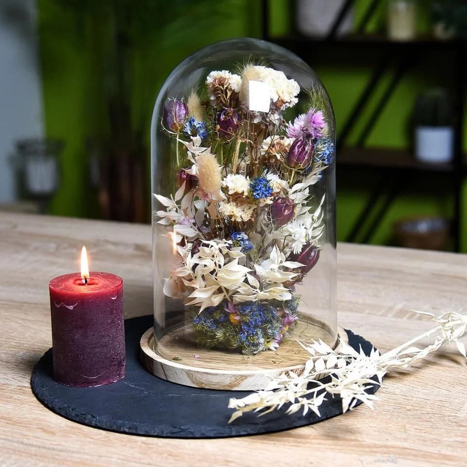 Kaemingk Tischvase Glasglocke mit Holzteller Mini Deko