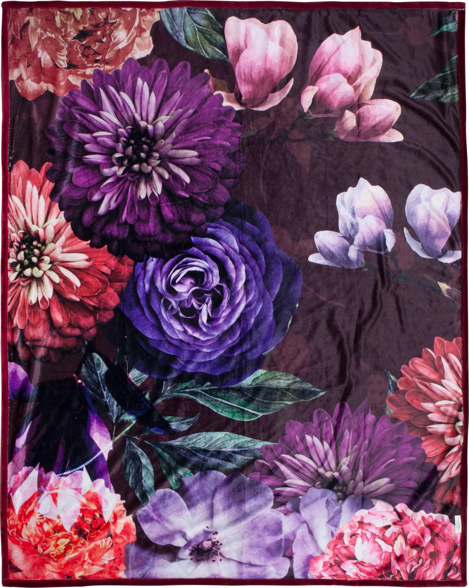 Descanso Bloomie Plaid Bordeaux Blumen Softvelour Wohndecke