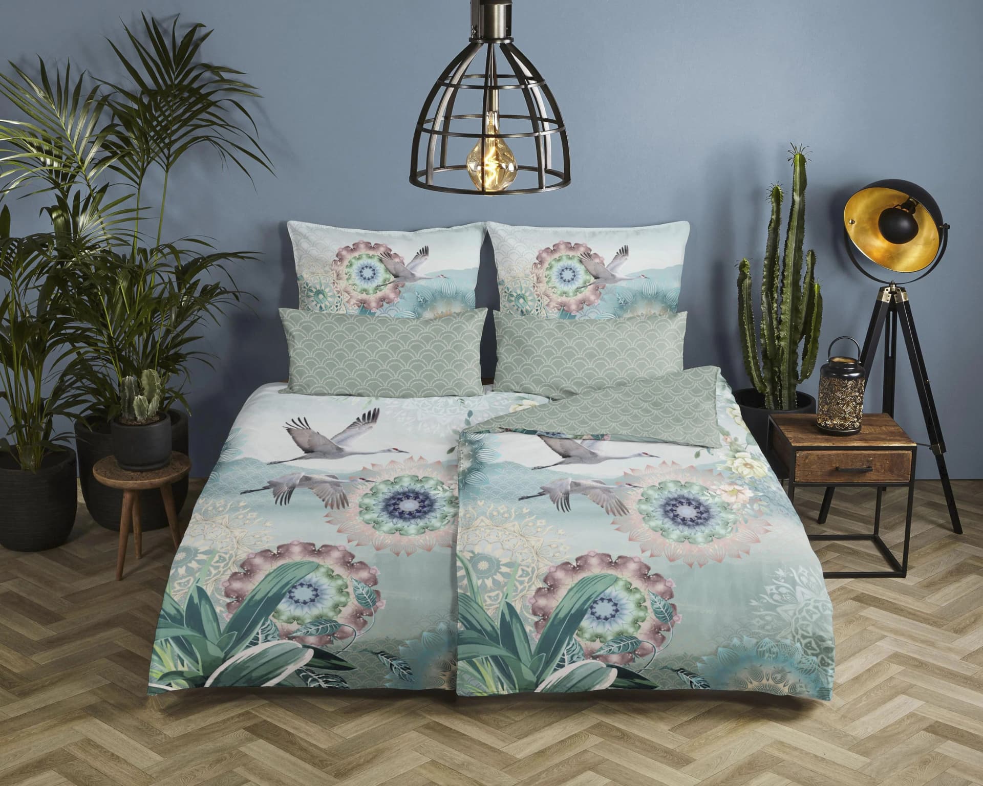 HIP Wendebettwäsche Kimora 100% Baumwolle Satin Grün Vogel