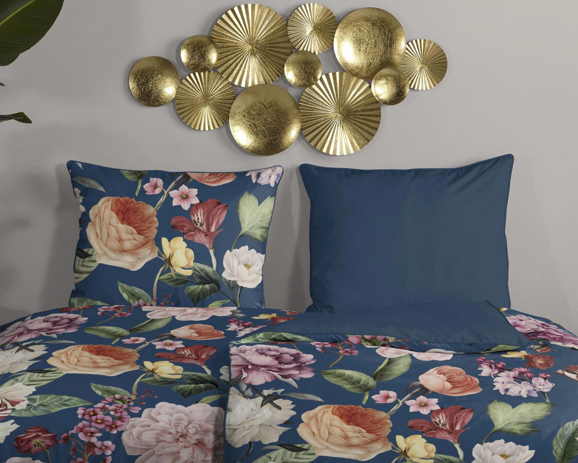 Descanso Wendebettwäsche Fiori Blau Satin Bio-Baumwolle
