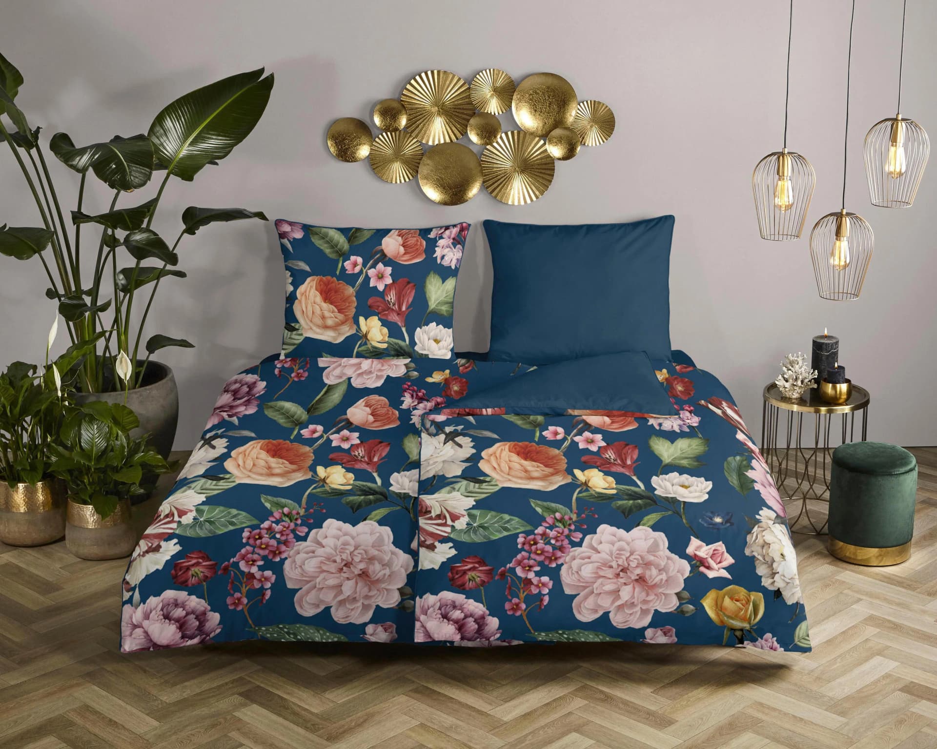 Descanso Wendebettwäsche Fiori Blau Satin 3-tlg.