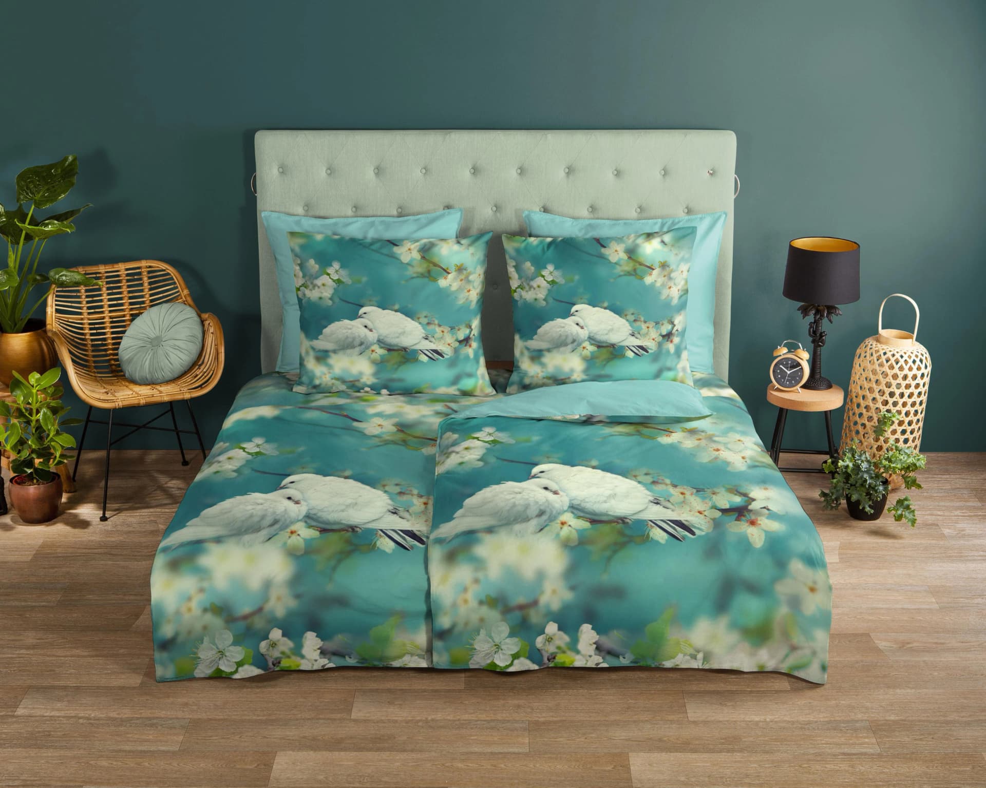 Good Morning Wendebettwäsche Aqua Blau Tauben Motiv 135x200