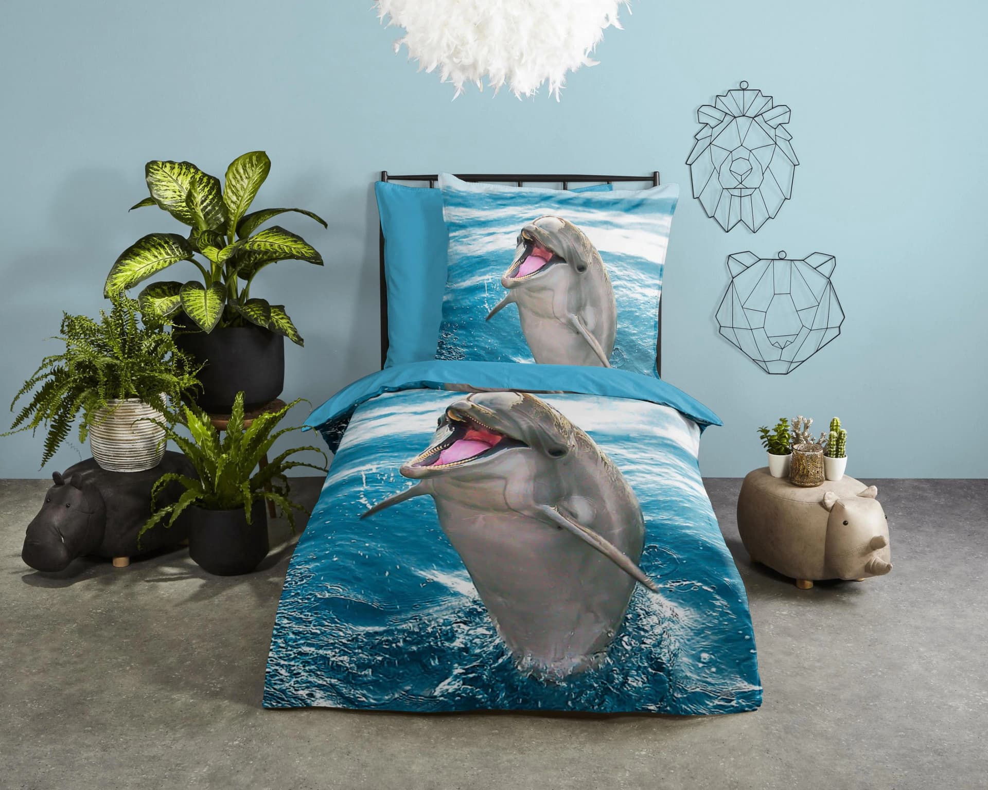 Good Morning Kinderbettwäsche Jump Blau Delfin 100% Baumwolle