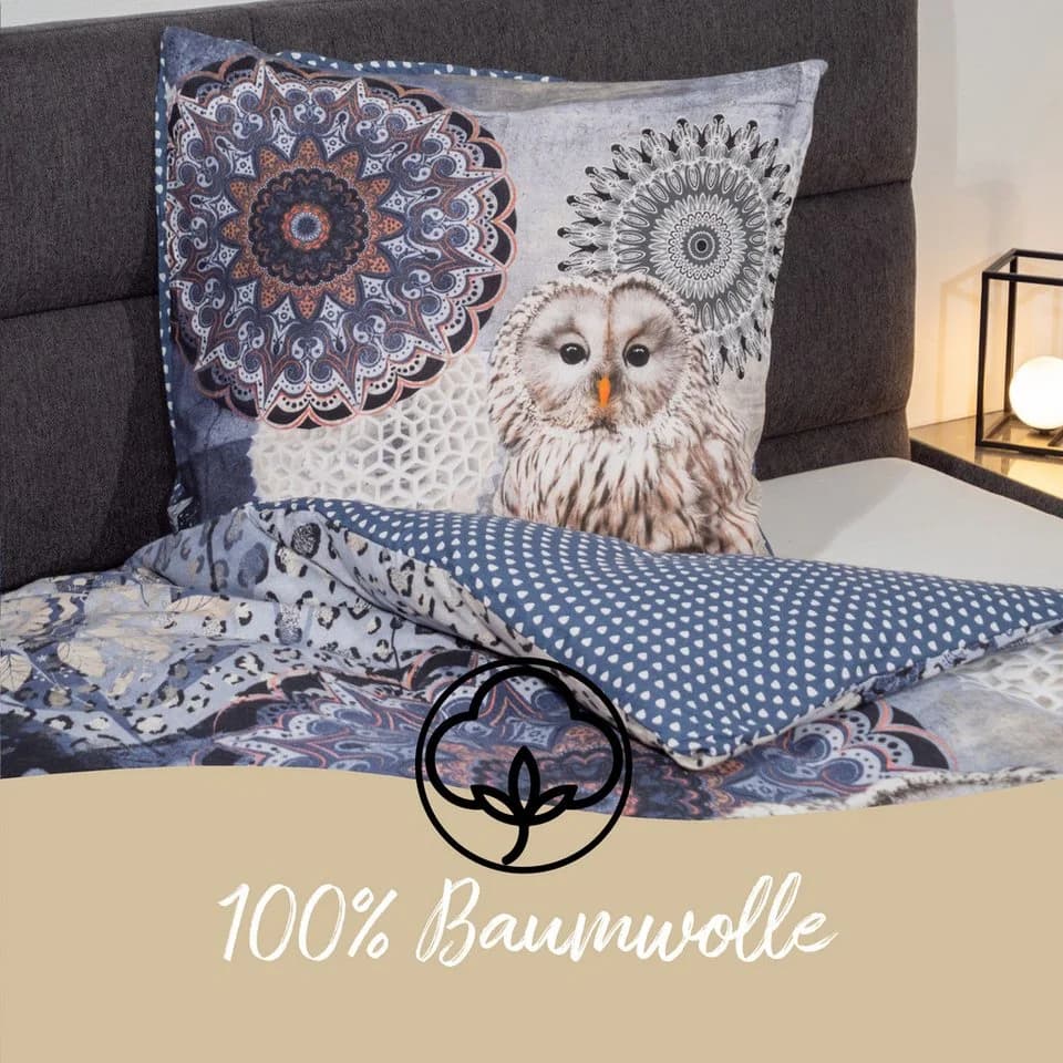 Traumschloss Flanell Bettwäsche Comfort Baumwolle, 2-teilig, blaue Mandalas mit Eule - Bild 4