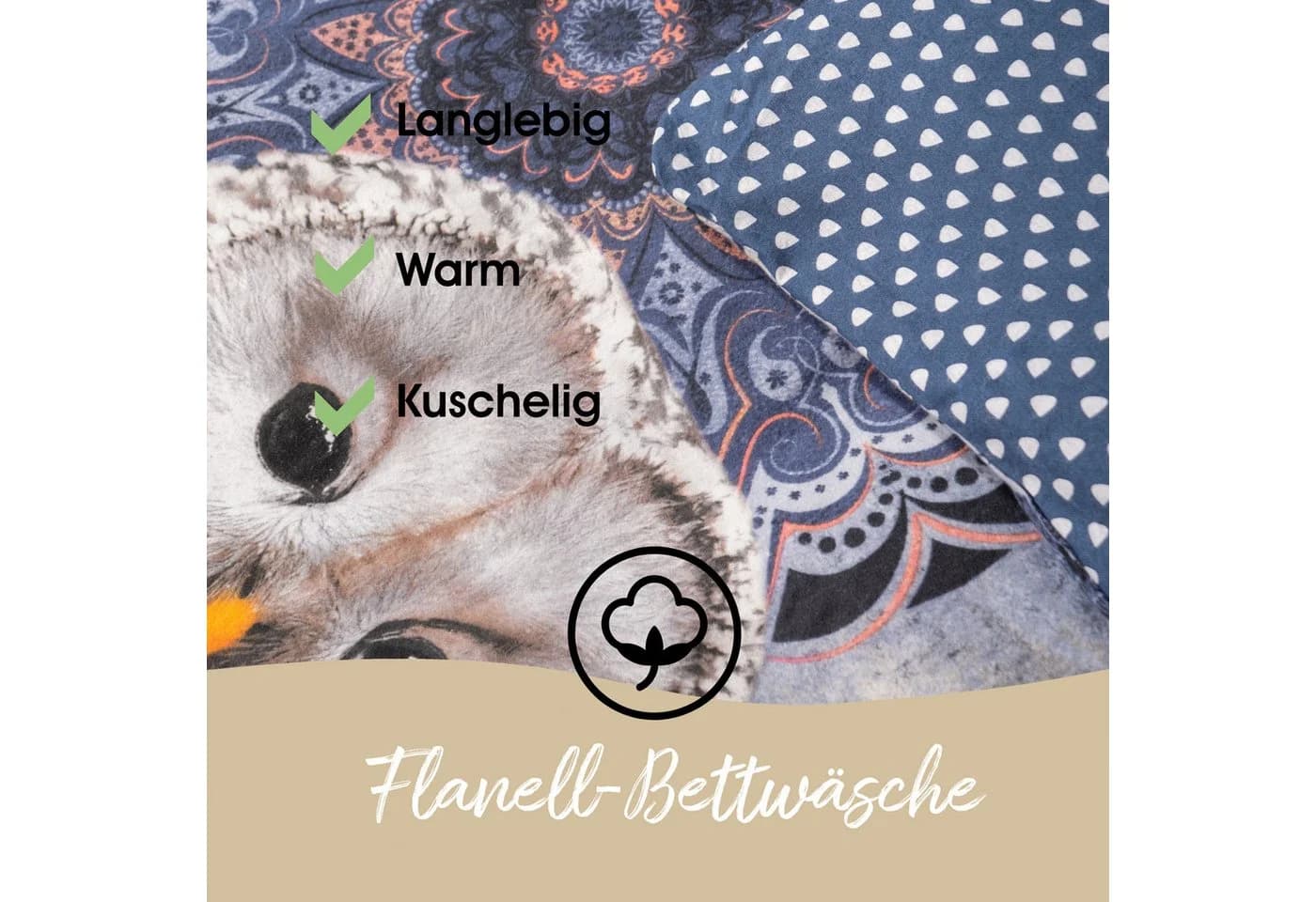 Traumschloss Flanell Bettwäsche Comfort Baumwolle, 2-teilig, blaue Mandalas mit Eule - Bild 5