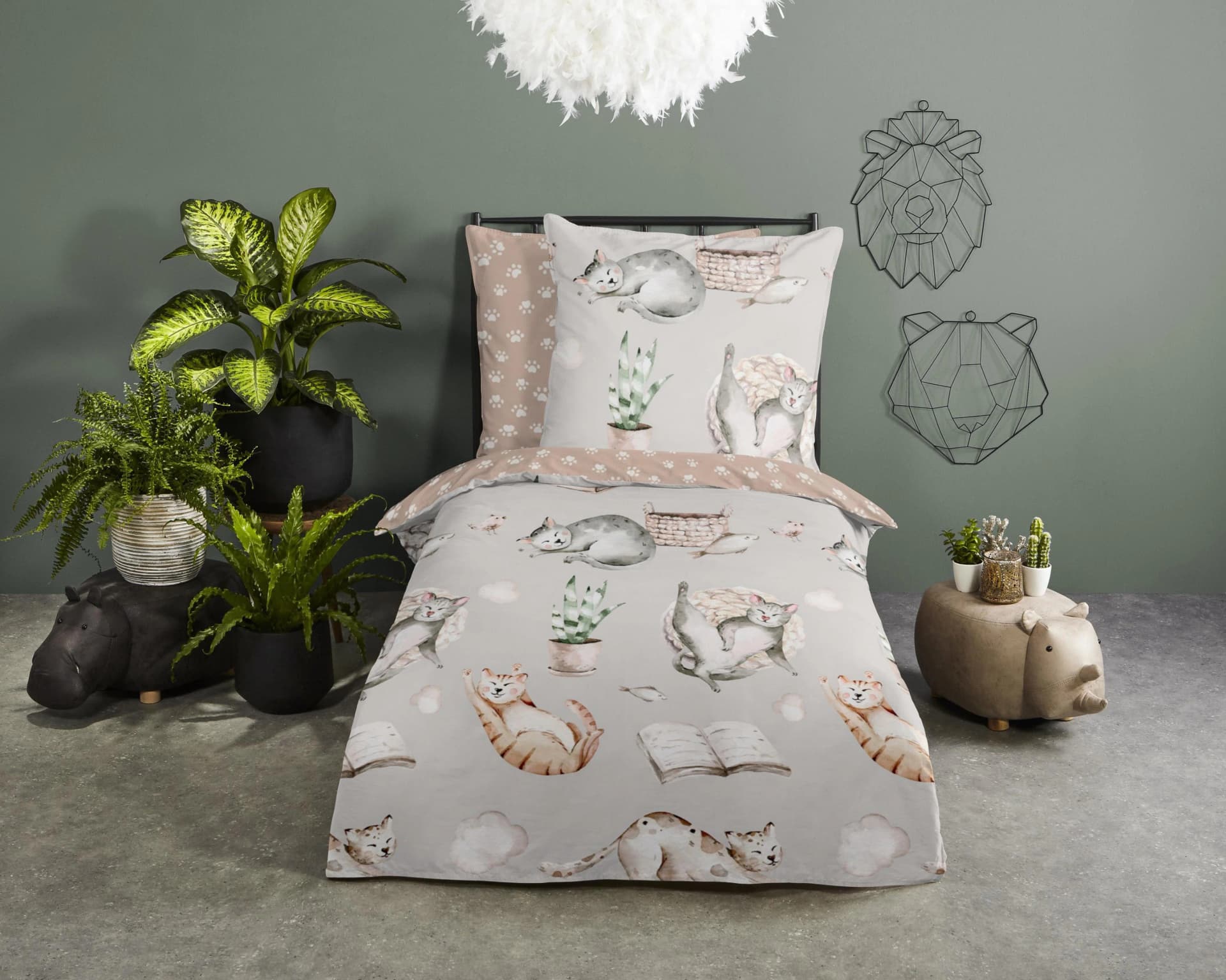 Good Morning Kinderbettwäsche Catlife Grau 135x200 Renforcé