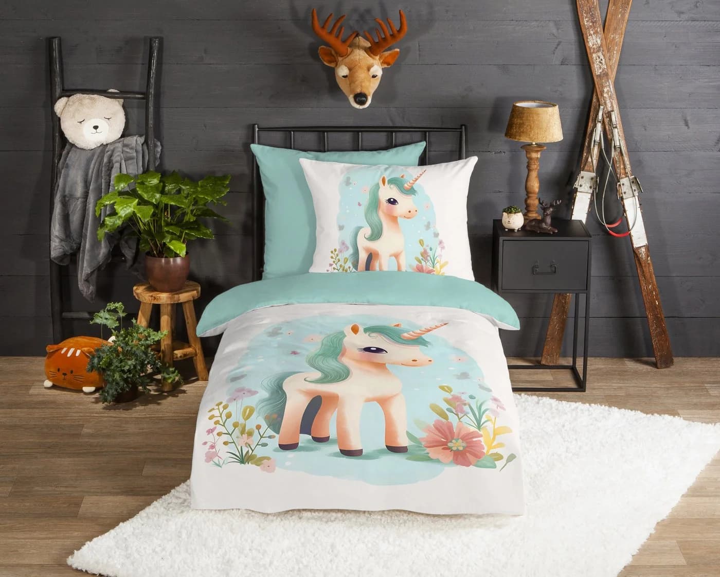 Good Morning Kinderbettwäsche Einhorn Aqua Flanell Wendebettwäsche