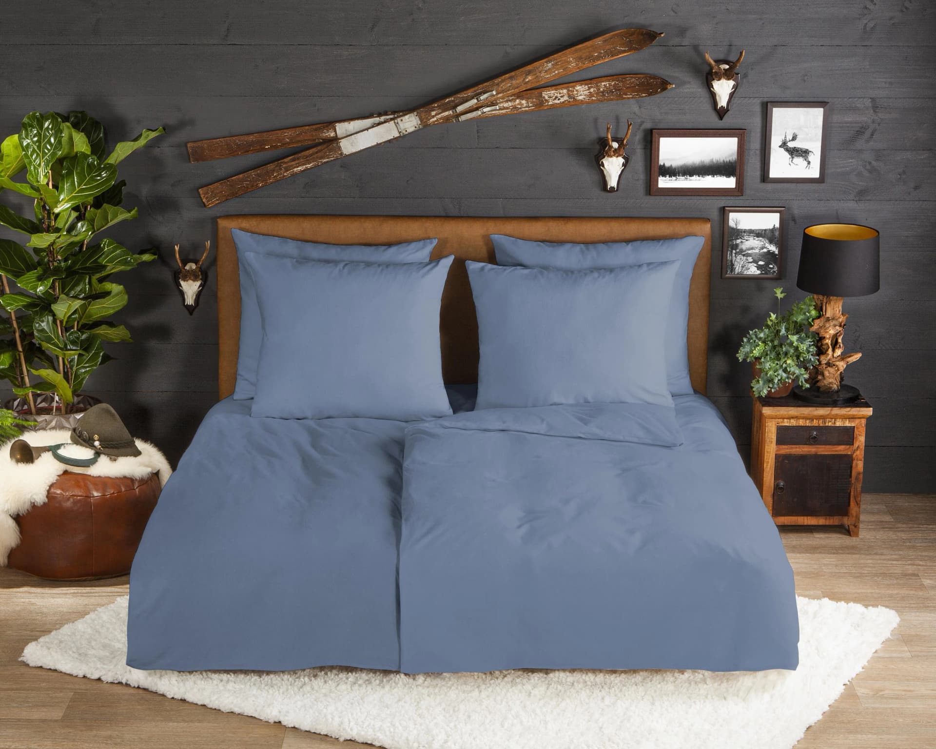 Bettwäsche GOOD MORNING Flanel Uni Blau 3-tlg. 100% Baumwolle