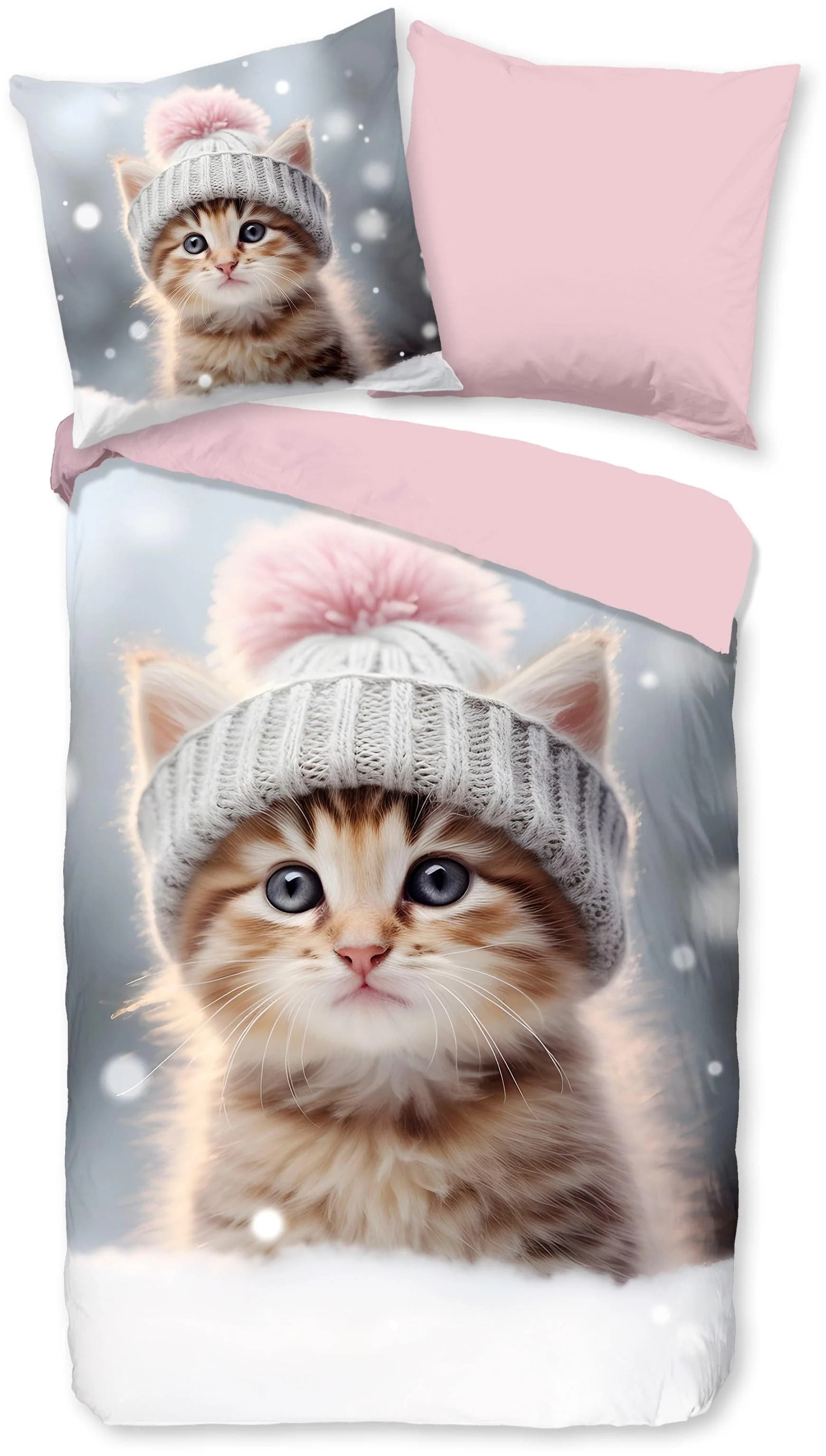 Good Morning Kinderbettwäsche "Patt" Rosa Katze Flanell Wendebettwäsche