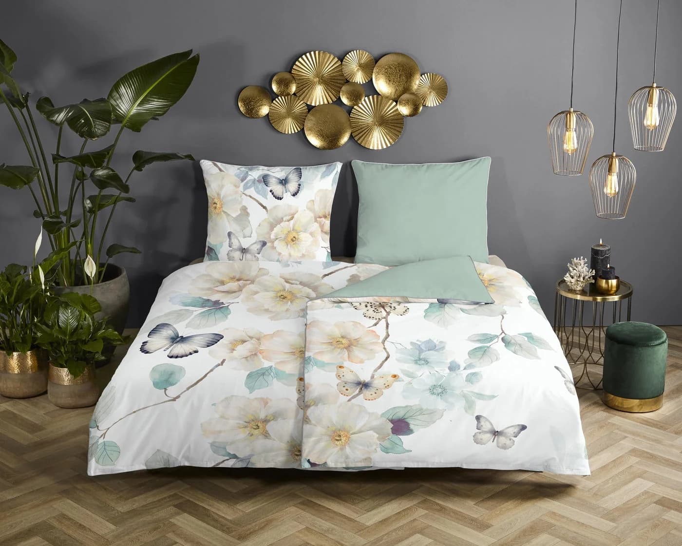 Descanso Wendebettwäsche Adiwanya Grün Blumen Mako-Satin