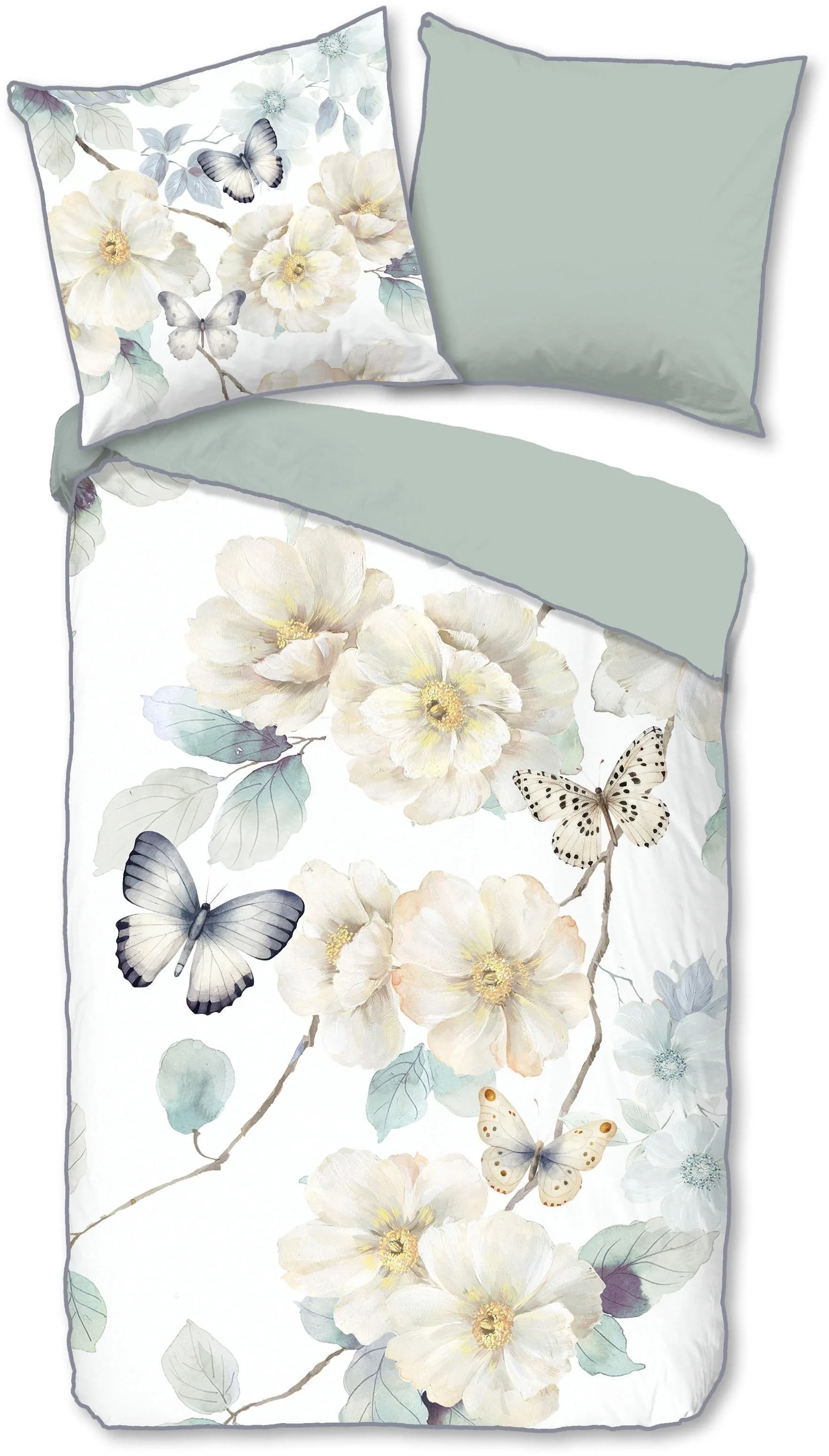 Descanso Wendebettwäsche Adiwanya Grün Weiß Blumen Satin
