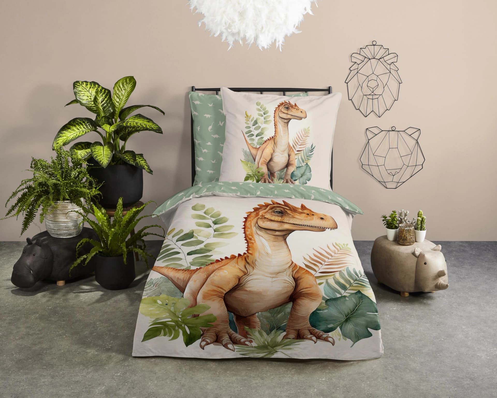 Good Morning Kinderbettwäsche Dino Sand 100% Baumwolle Wendebettwäsche