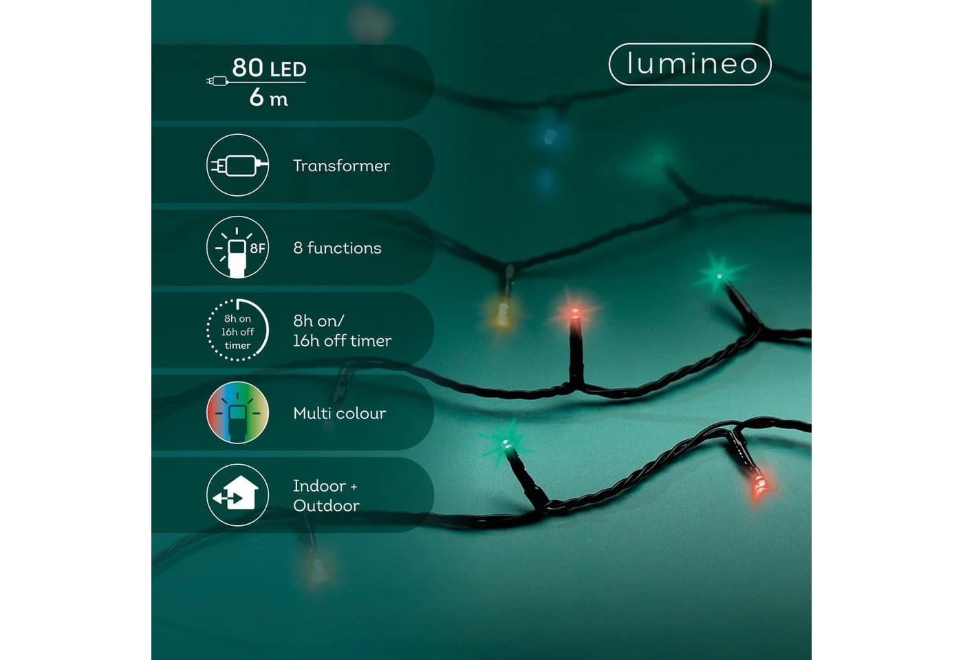 Lumineo LED-Lichterkette 6m 80 LEDs Bunt Schwarz mit Timer - Bild 4