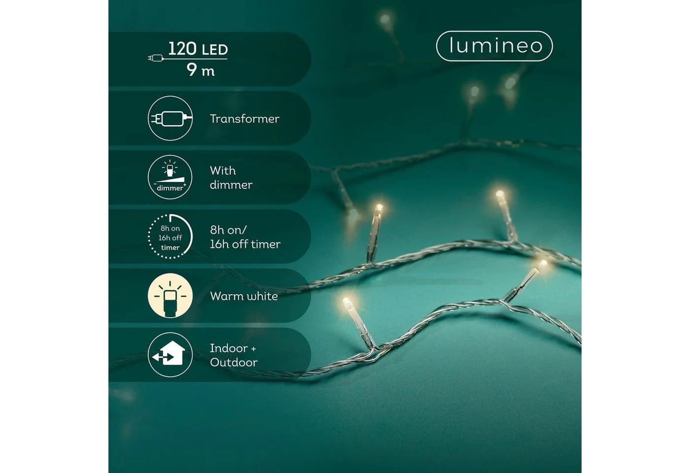 Lumineo LED-Lichterkette BASIC 120 LED 9m Warmweiß Transparent