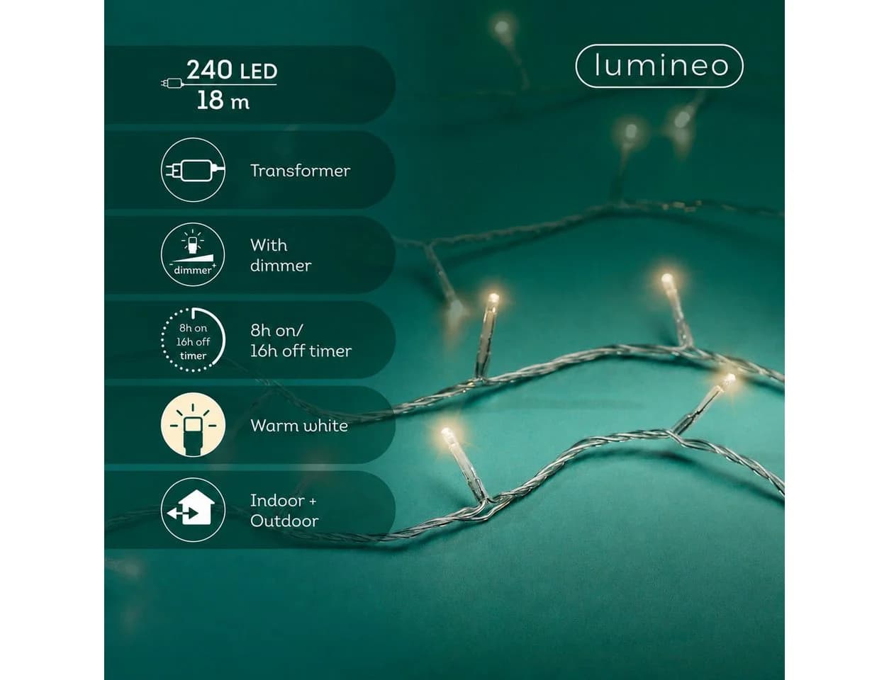 Lumineo LED-Lichterkette BASIC 240 LED 18 m warm weiß transparent dimmbar