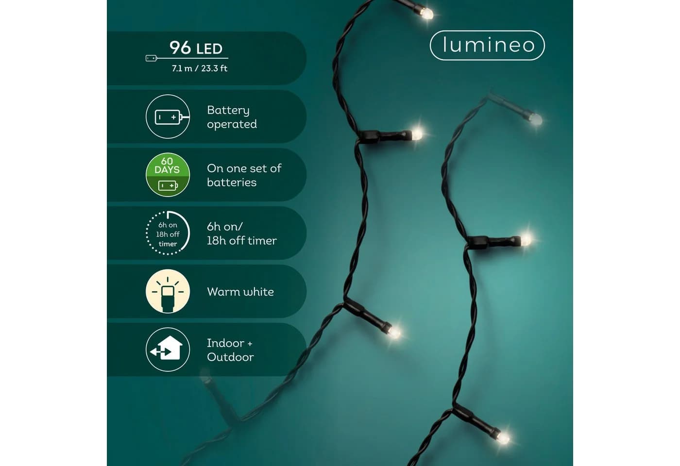 Lumineo LED-Lichterkette 96 LED 7,1m Warm Weiß Batteriebetrieben