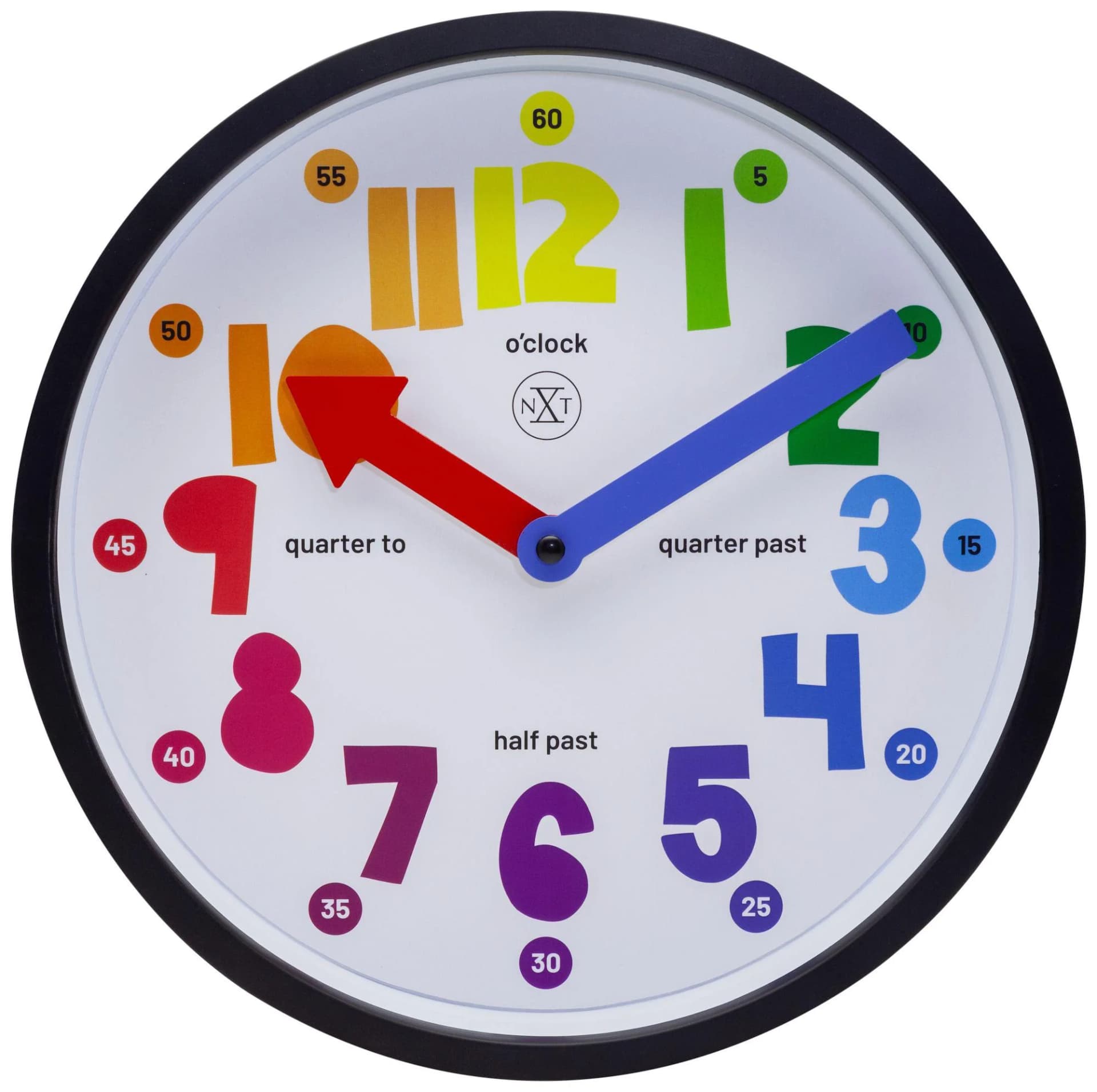 NEXTIME Wanduhr Schwarz/Weiß/Bunt mit bunten Indexzahlen