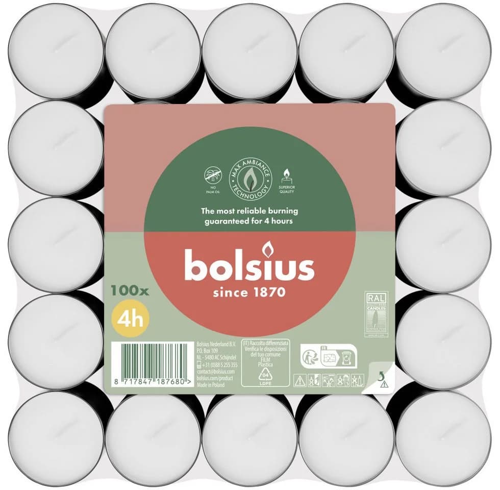 Bolsius Teelicht 100er Packung 4 Stunden Weiß