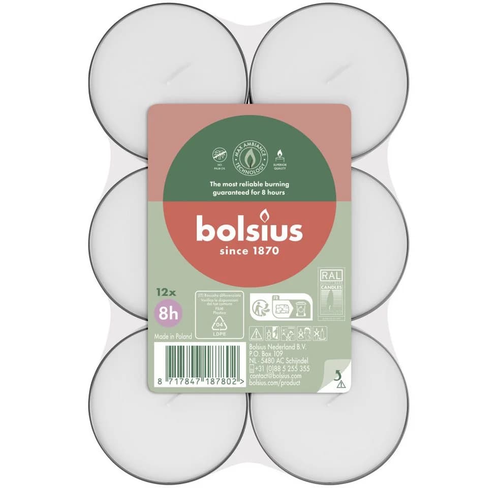 Bolsius Maxi-Teelichter weiß 8h 12er Pack
