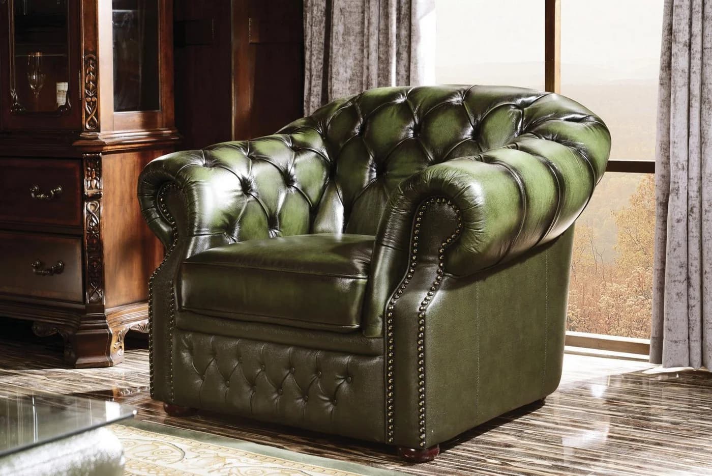 Salottini Chesterfield Sofagarnitur Cardiff 3/2/1 Grün Leder