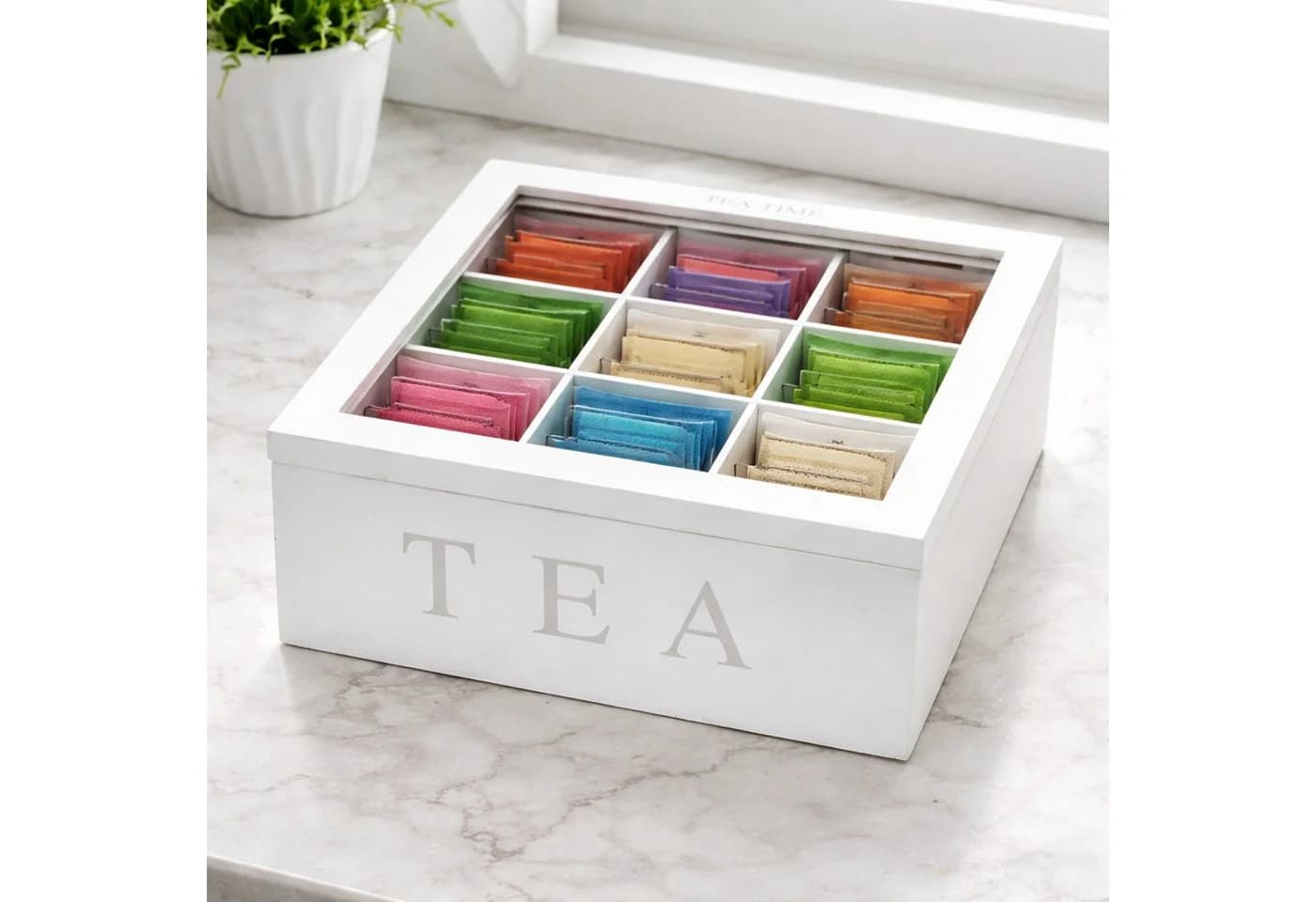 Mojawo Teebox Holz Weiß 9-Fächer mit Aufschrift TEA