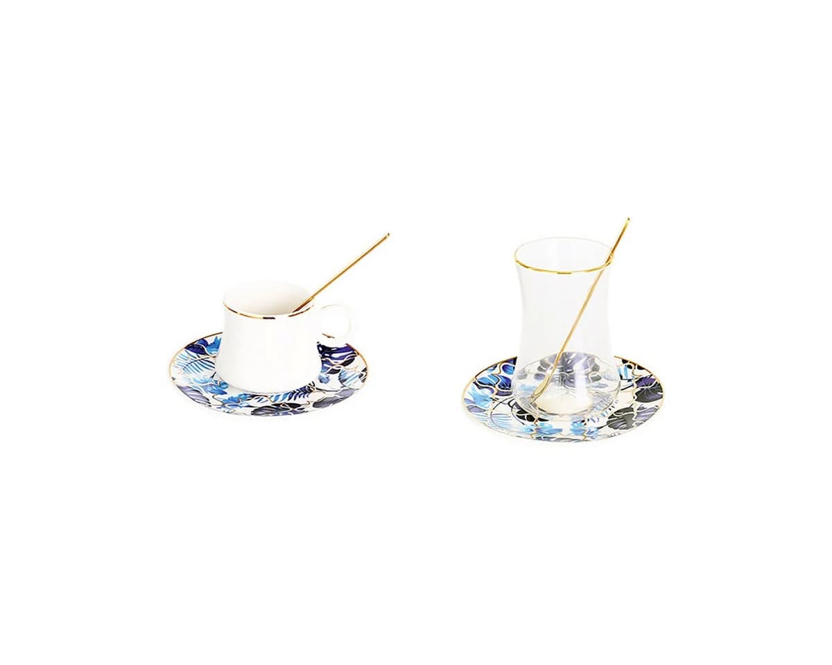 Bricard Teeglas-Set 24-tlg. Blau mit Goldakzenten & Untertassen