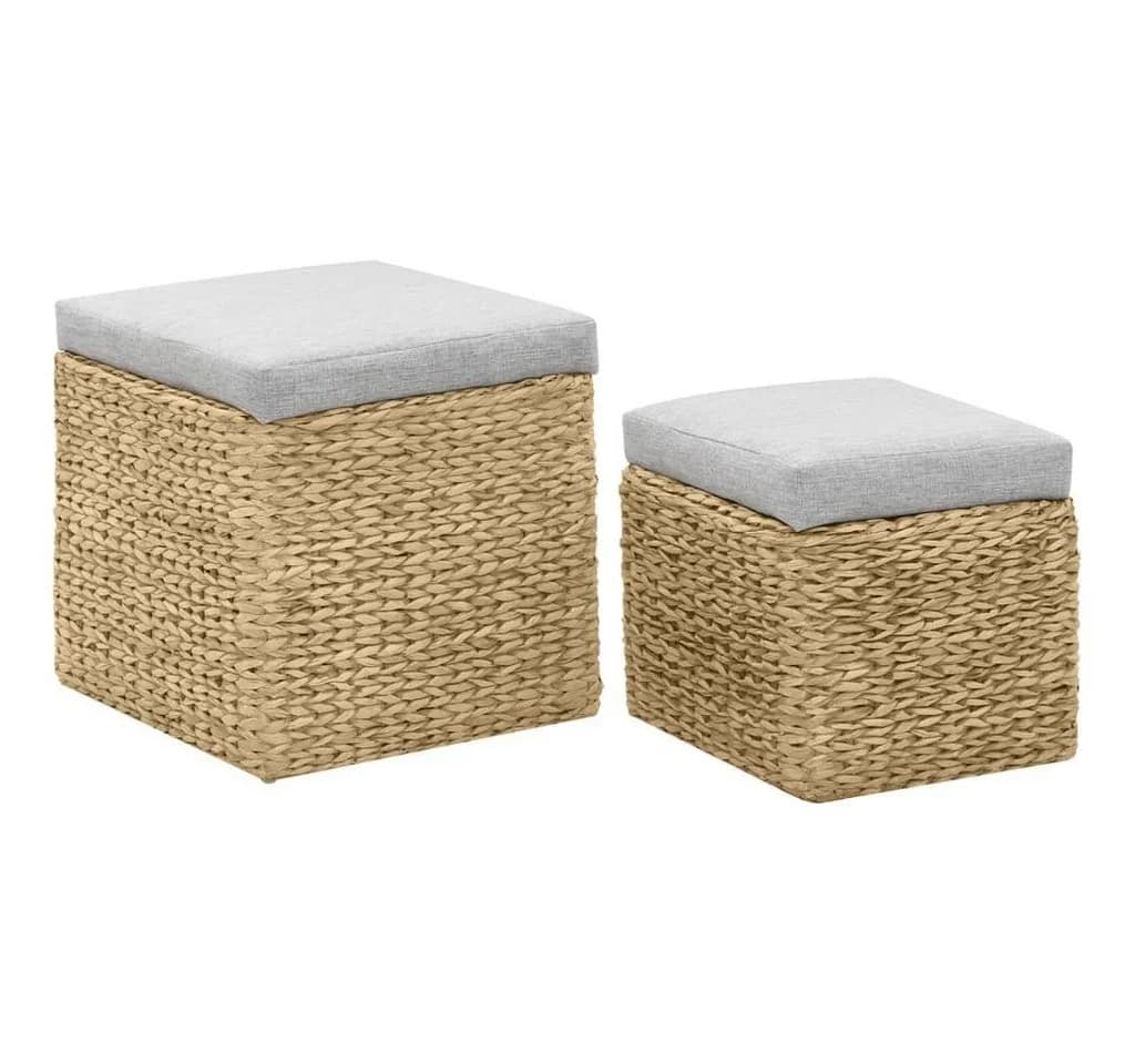 Polsterhocker-Set aus Seegras mit grauen Sitzpolstern