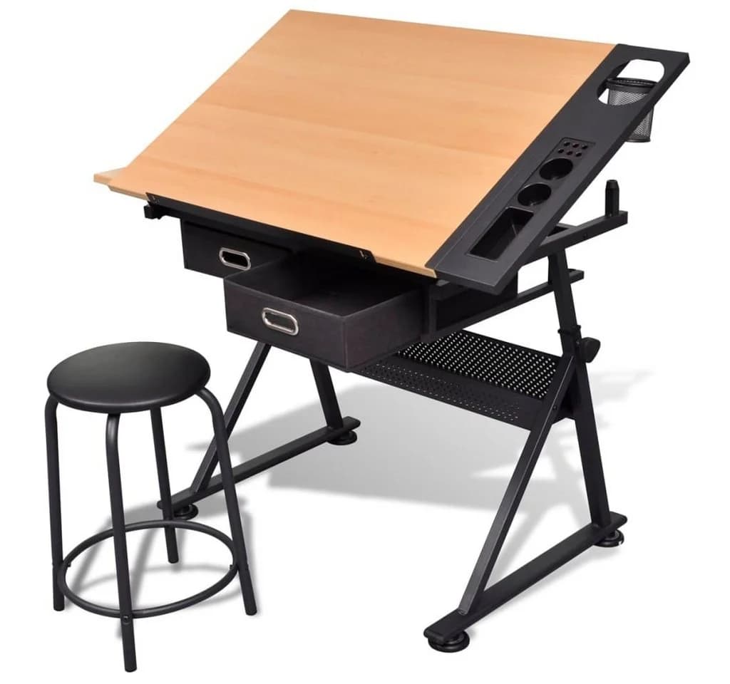 vidaXL Zeichentisch mit neigbarer Tischplatte, 2 Schubladen und Hocker - Bild 2