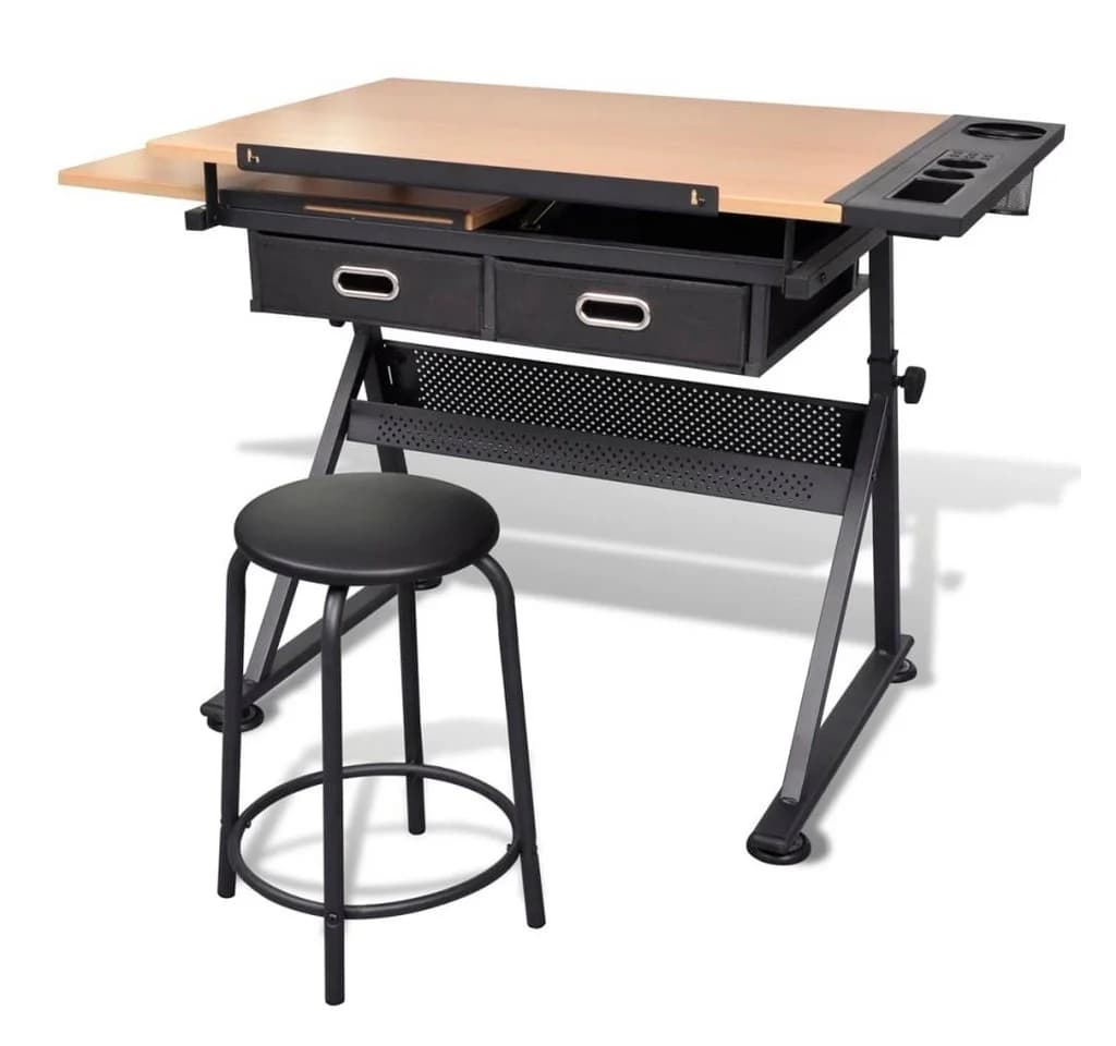 vidaXL Zeichentisch mit neigbarer Tischplatte, 2 Schubladen und Hocker - Bild 3