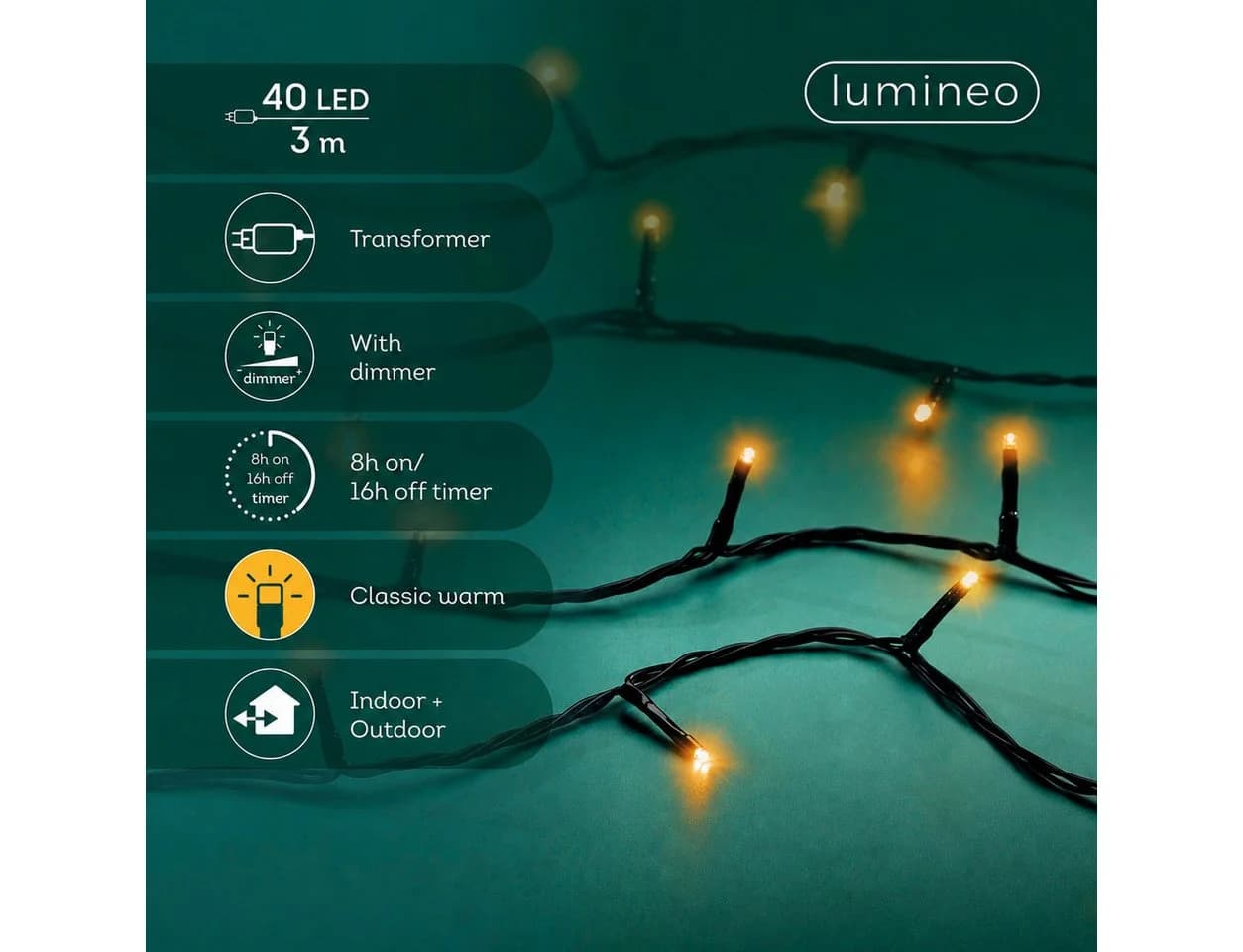 Lumineo LED-Lichterkette BASIC 40 LED Schwarz Dimmbar IP44