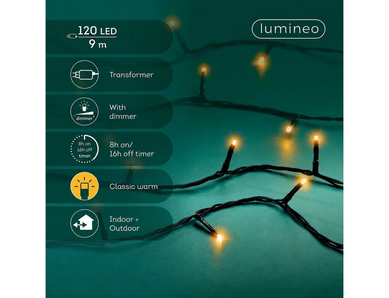 Lumineo LED-Lichterkette BASIC 120 LED 9 m klassisch warm, schwarzes Kabel, Indoor/Outdoor, dimmbar, 8h-Timer, + 5 m Zuleitung