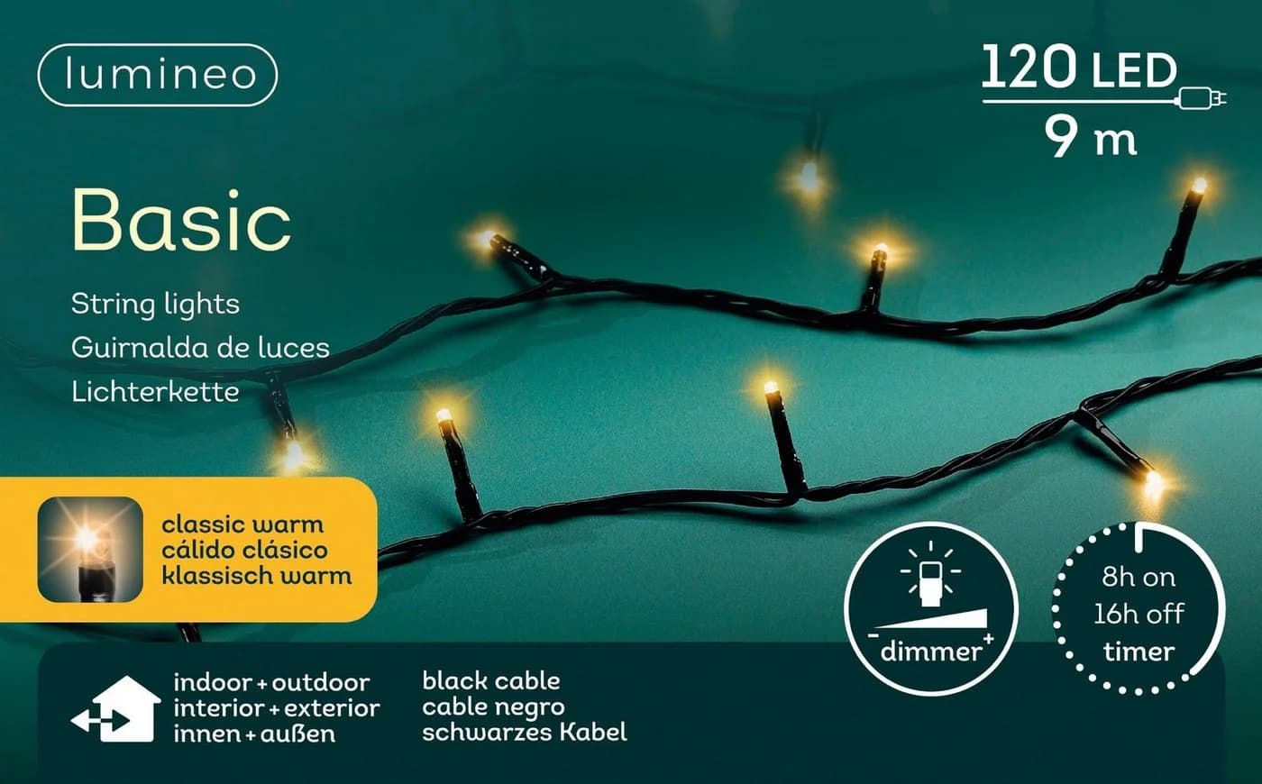 Lumineo LED-Lichterkette BASIC 120 LED 9 m klassisch warm, schwarzes Kabel, Indoor/Outdoor, dimmbar, 8h-Timer, + 5 m Zuleitung - Bild 2