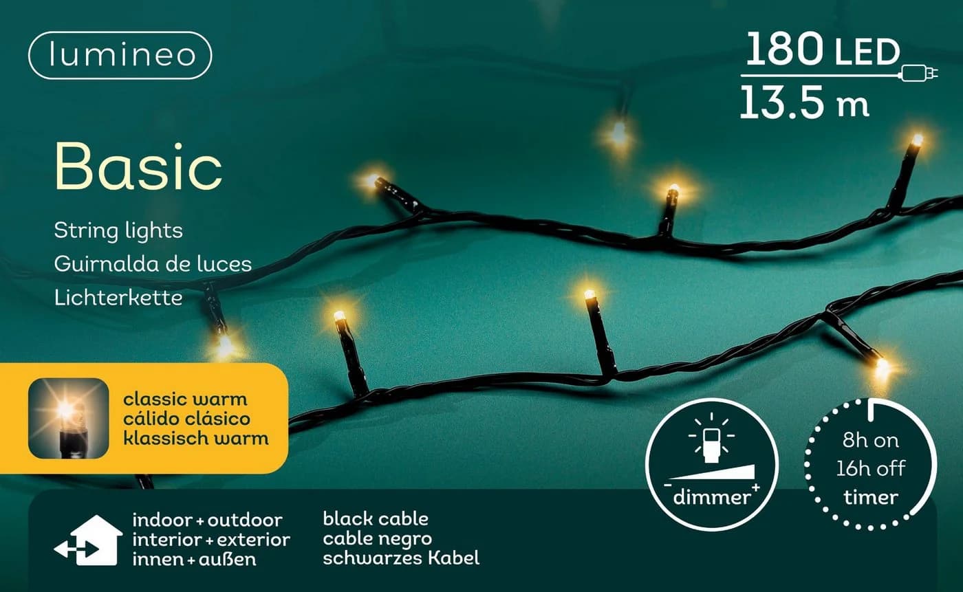 Lumineo LED-Lichterkette BASIC 180 LED 13,5 m klassisch warm, schwarz, Indoor/Outdoor, dimmbar, 8h-Timer, + 5 m Zuleitung - Bild 2