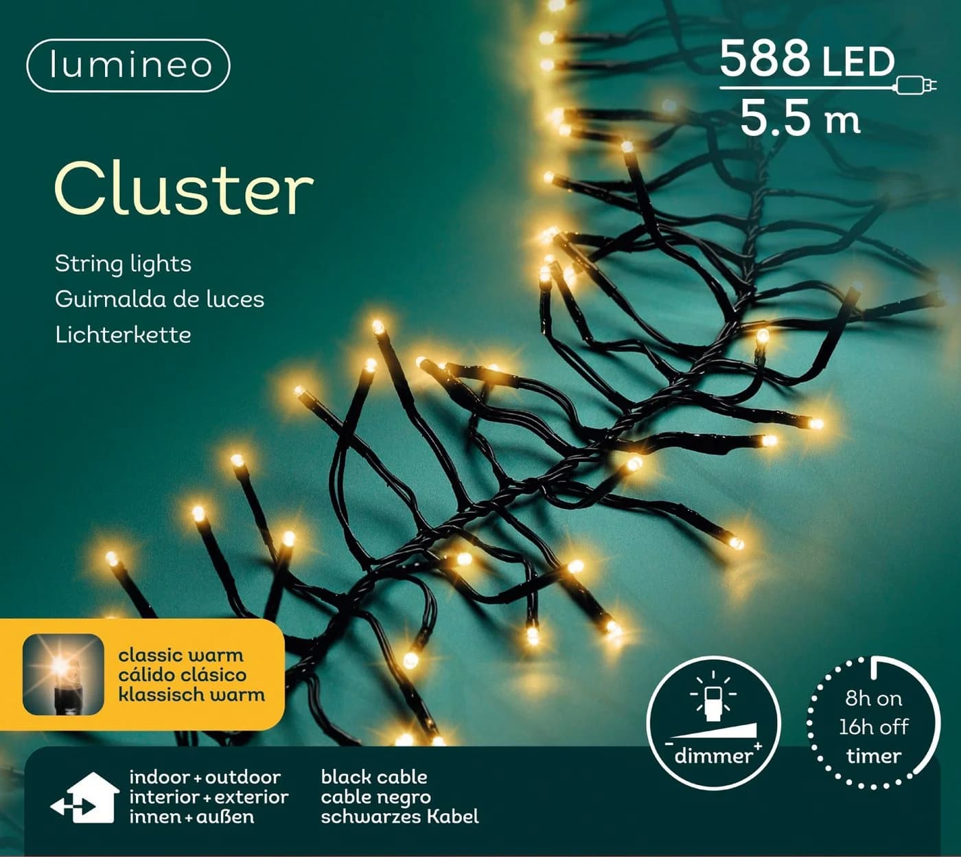 Lumineo LED-Lichterkette CLUSTER 588 LED 5,5 m klassisch warm, schwarz, dimmbar, 8h-Timer, + 5 m Zuleitung - Bild 2