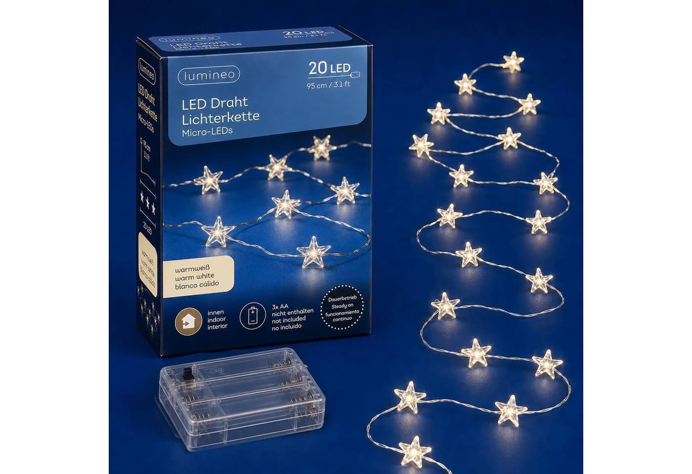 Lumineo LED-Lichterkette mit Sternen 20 Micro-LEDs Warmweiß Silber - Bild 2