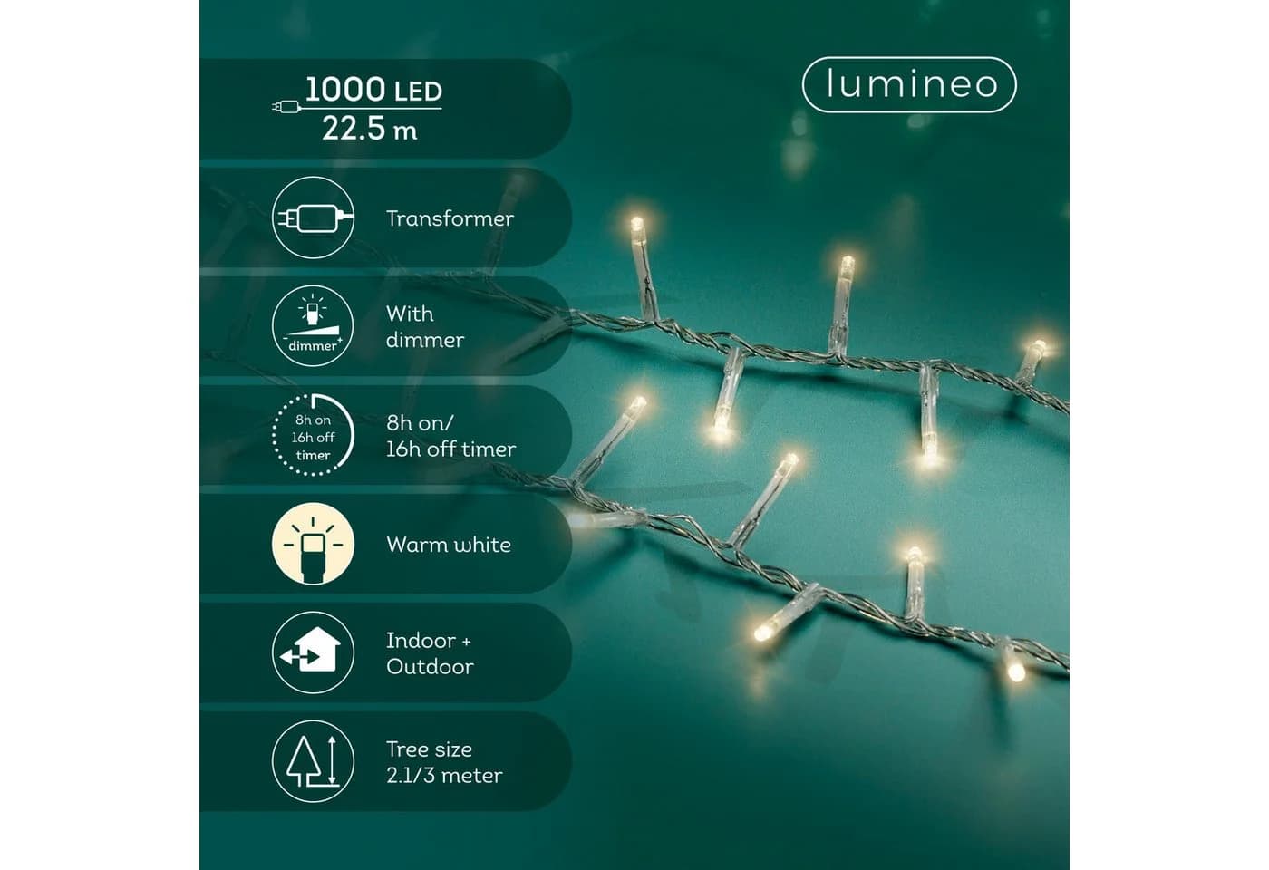 Lumineo LED-Lichterkette 1000 LED 22,5 m Warm Weiß Transparent