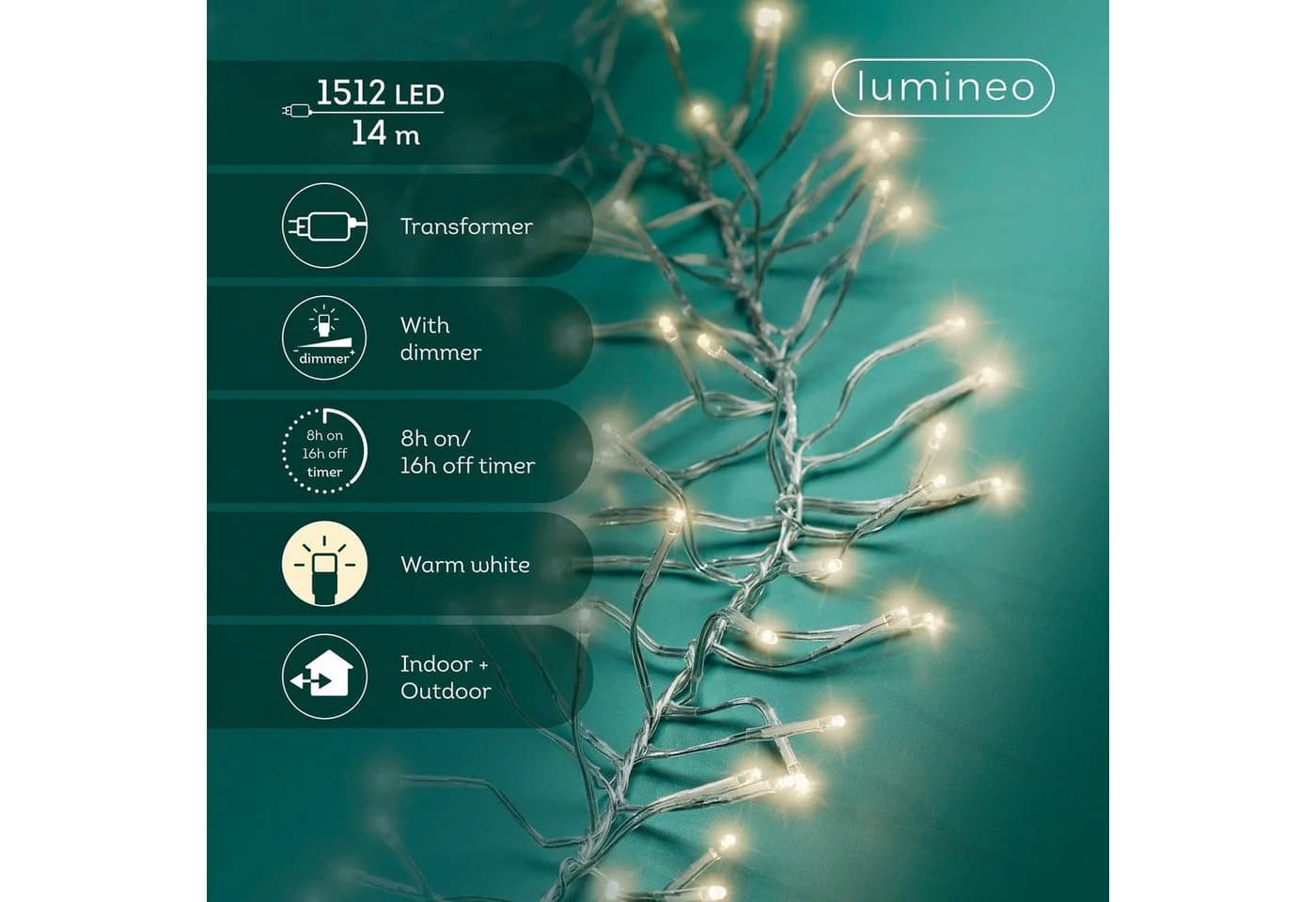 Lumineo LED-Lichterkette CLUSTER 1512 LED warm weiß dimmbar
