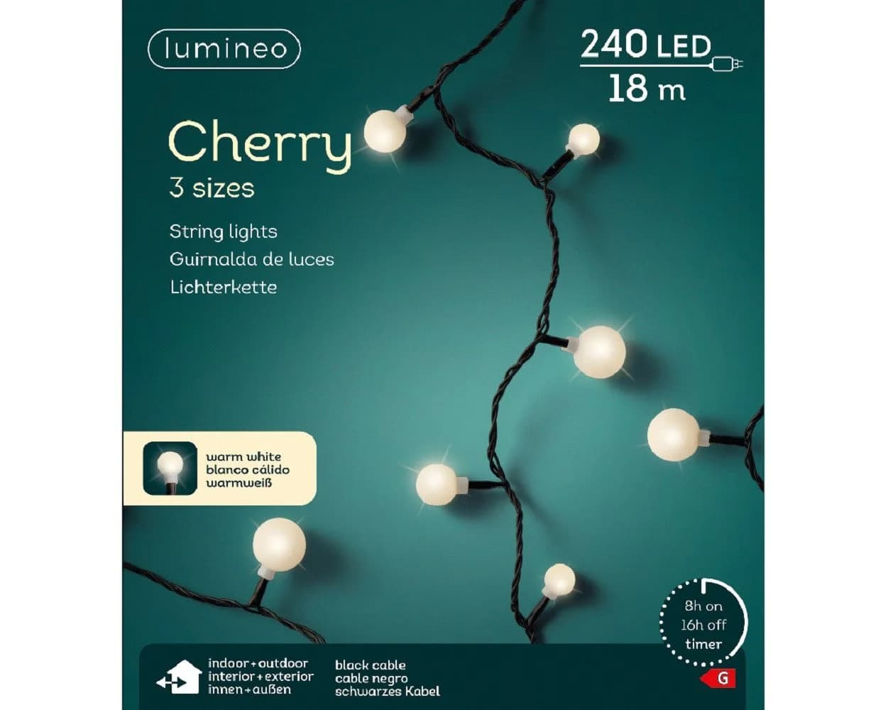 Lumineo LED-Lichterkette CHERRY 240 LEDs 18m Schwarz Warmweiß Timer IP44
