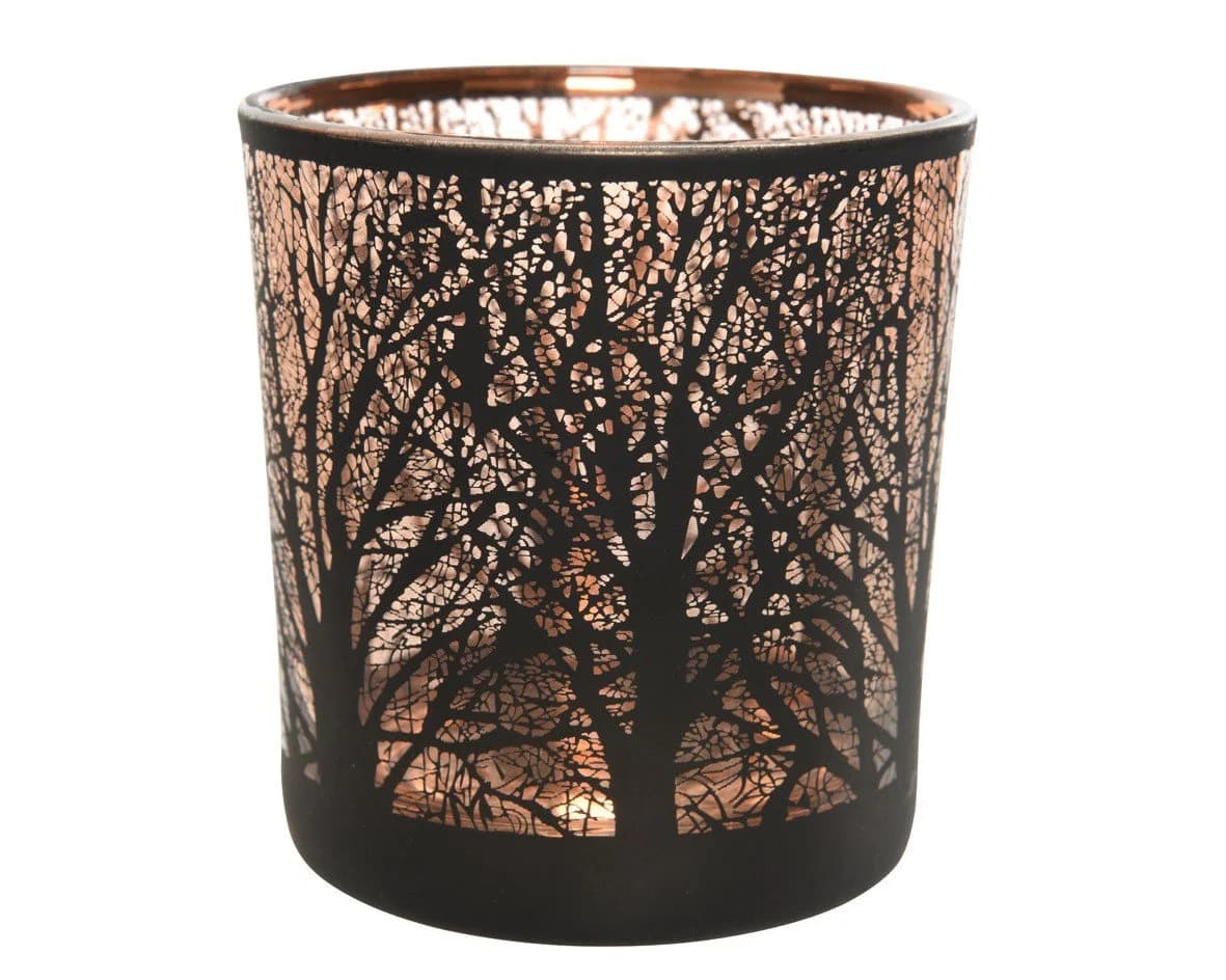 Kaemingk Teelichthalter Glas mit Baum-Motiv Schwarz