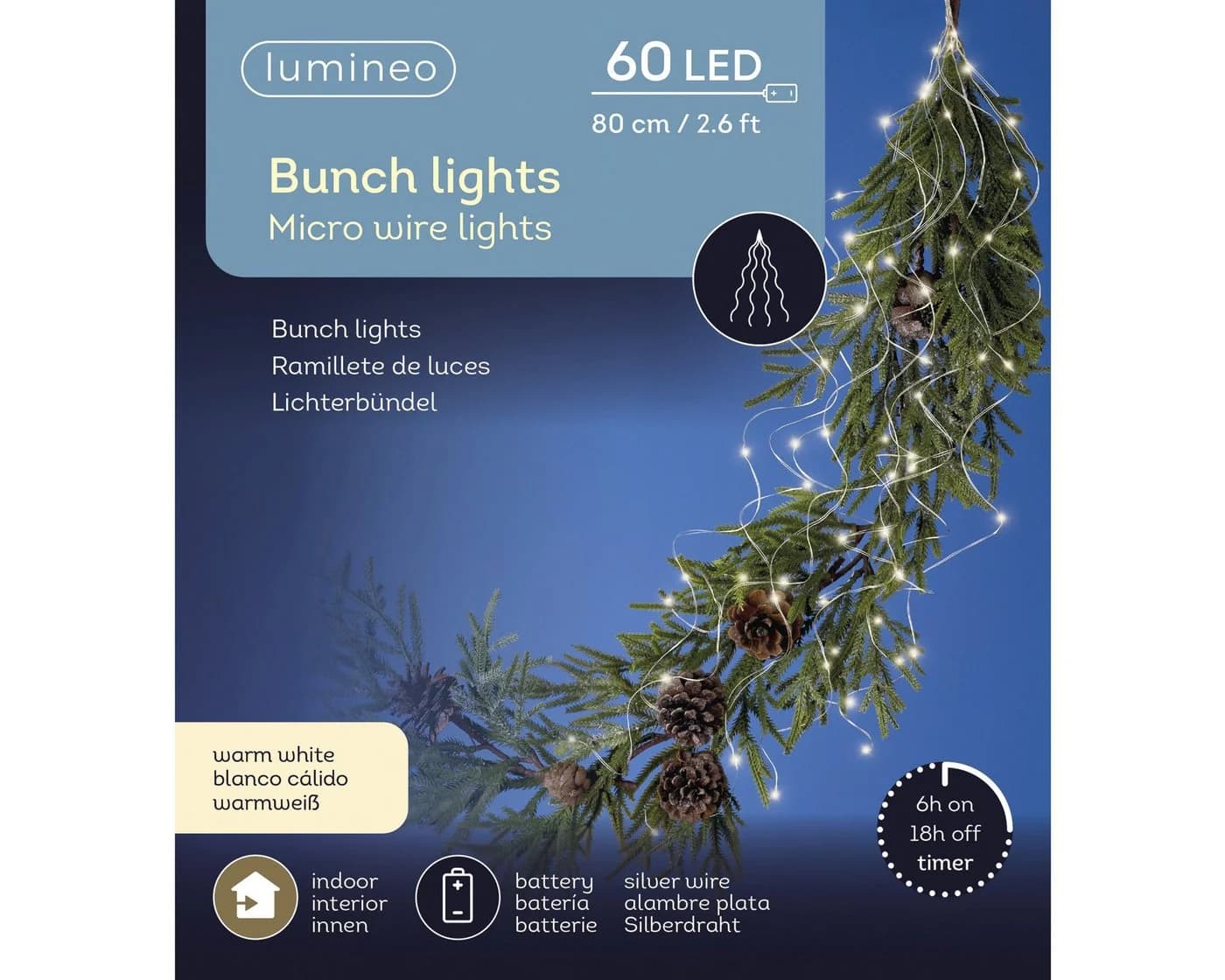 Lumineo LED-Lichterkette 60 warmweiße Lichtpunkte Silber Timer - Bild 4