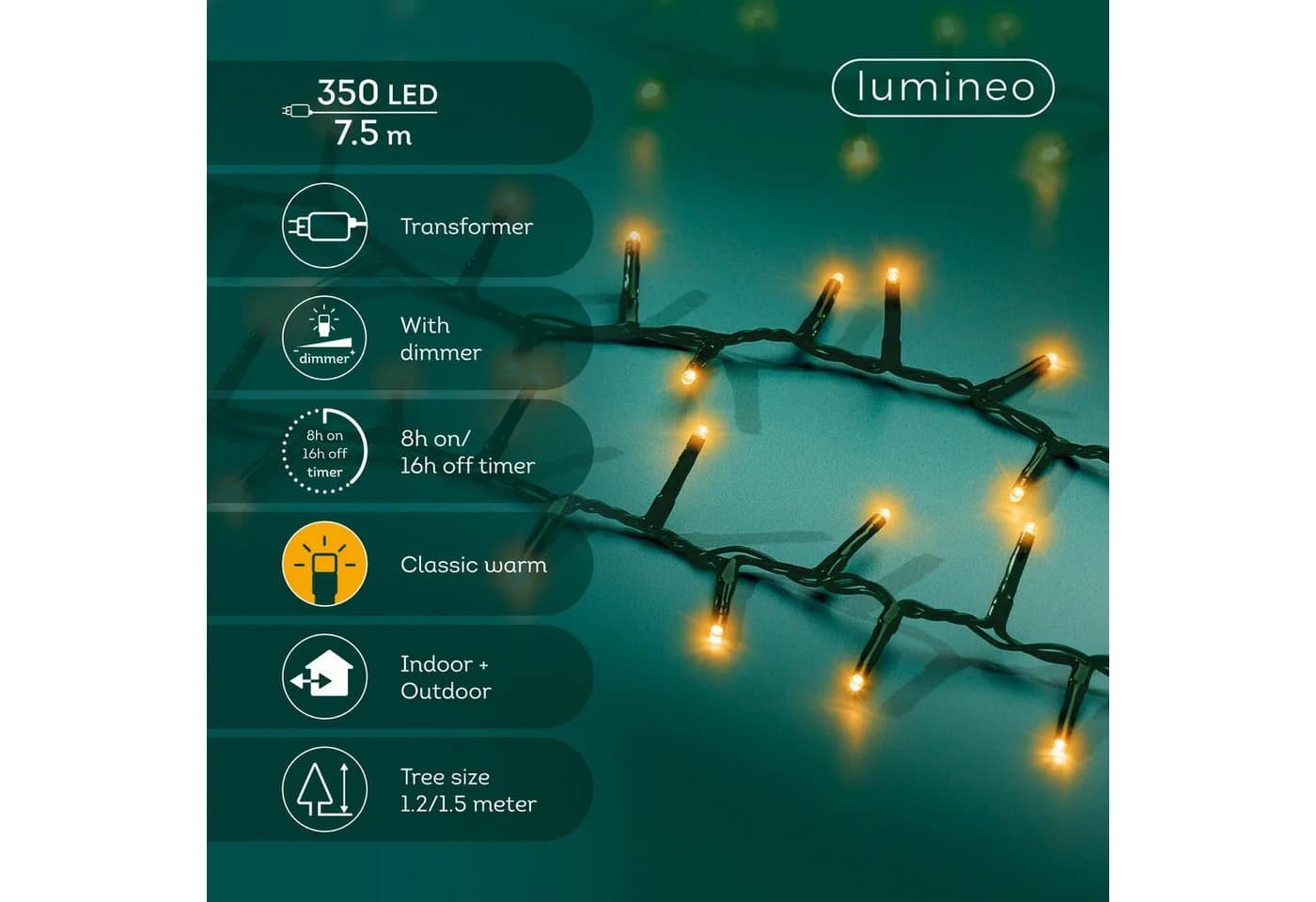 Lumineo LED-Lichterkette 350 LED 7,5m Klassisch Warm Grün