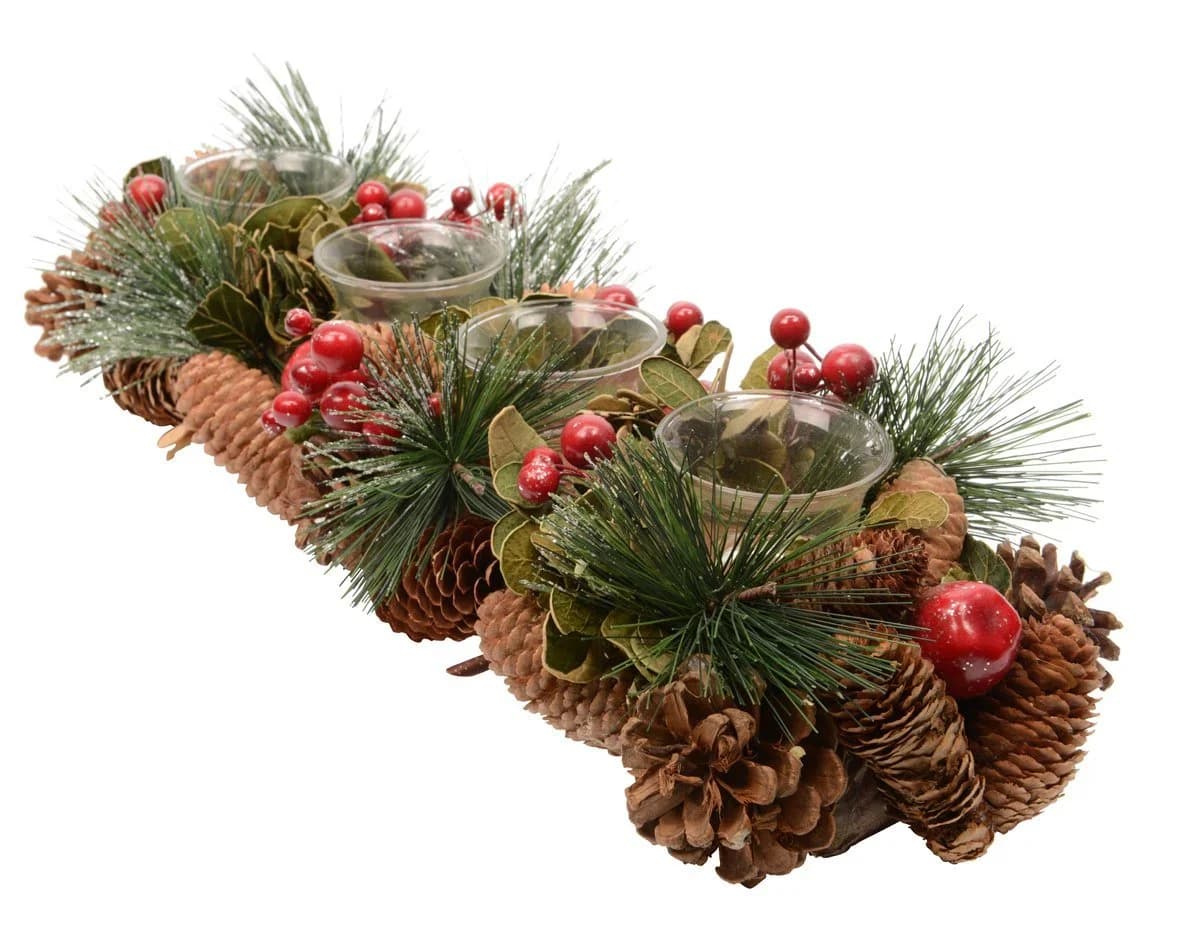 Kaemingk Adventsgesteck Teelichthalter Glas 45cm Grün Rot