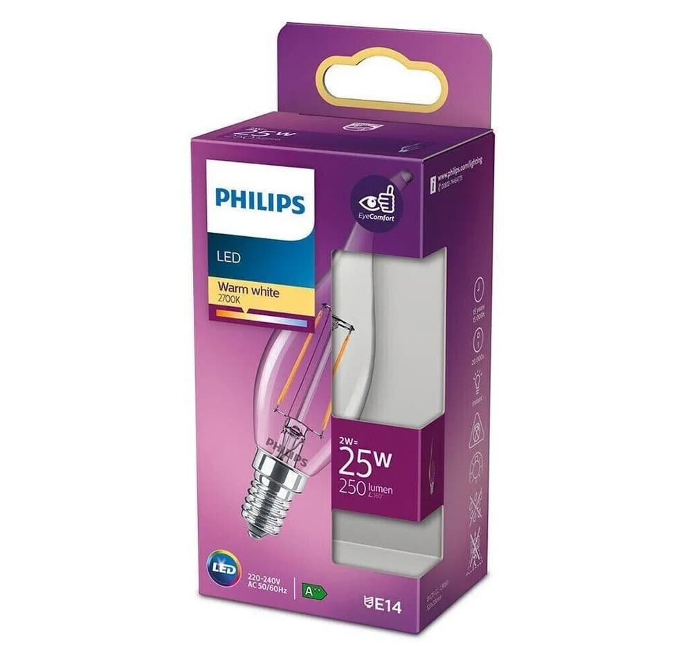 Philips LED E14 Kerze Warmweiß Filament 2W=25W Windstoßfest