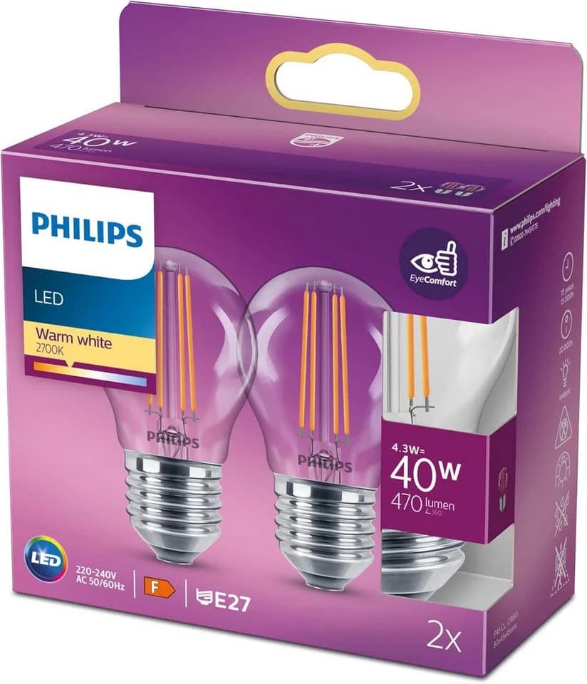 Philips LED-Lampe E27 P45 4,3W Filament 2700K 2er - Bild 2