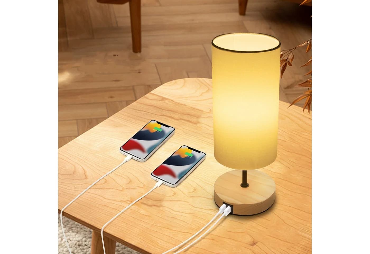 Aigostar Schreibtischlampe mit 2 USB-Ladeanschlüssen, E27, Holzsockel, Weiß - Bild 3