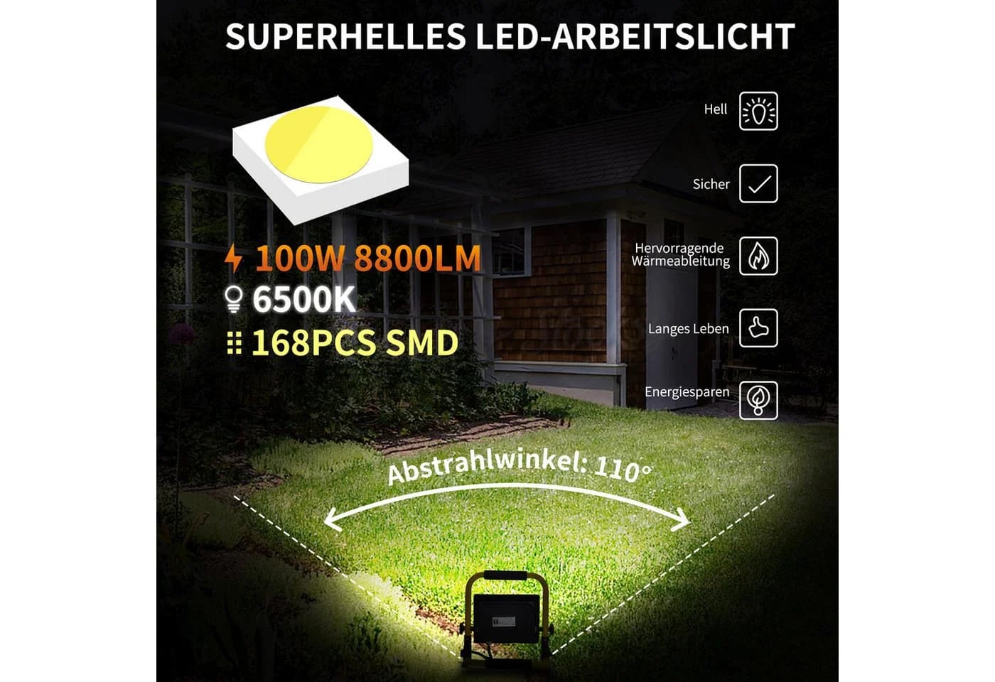 Aigostar LED Baustrahler 100W 8800LM Arbeitsleuchte IP44 Aluminium - Bild 4