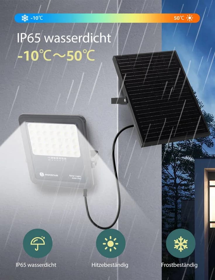 Aigostar Flutlichtstrahler Solarstrahler mit Fernbedienung, 6500K, IP65 Außenstrahler, 2m Kabellänge, LED fest integriert, Tageslichtweiß - Bild 3